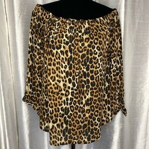 Express Women’s Large Leopard Print Off Shoulder 3/4 Cuffed Sleeve Blouse